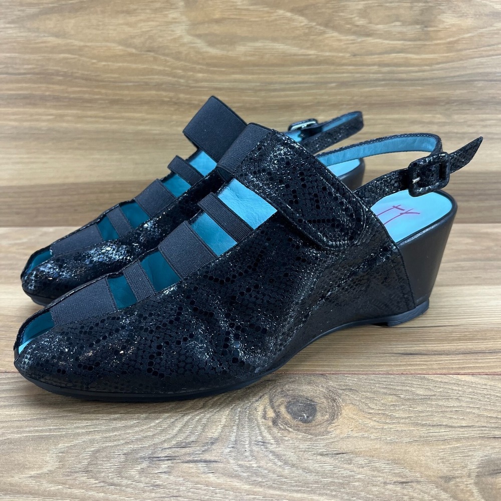 Thierry Rabotin Womens 9 EU‎ 39 Peep Toe Wedge Heels Black Suede Made In Italy - Picture 2 of 9